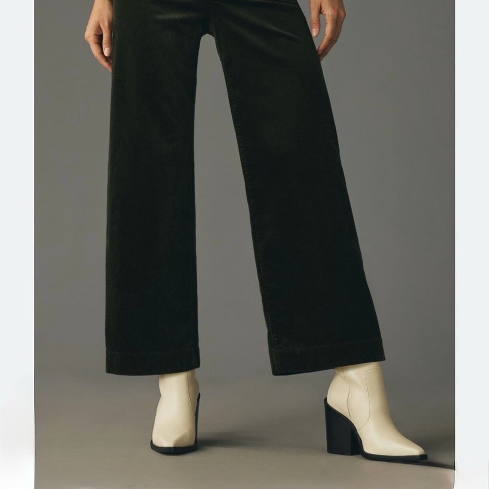 Maeve Dark Green Wide-Leg Corduroy Pants with Bow on back pocket